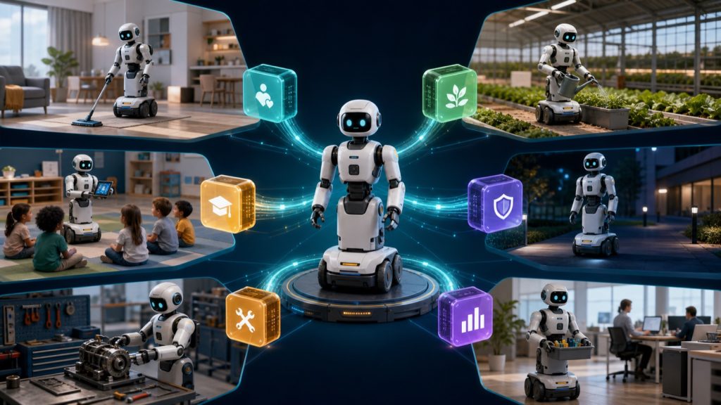 A modular affordable robot using AI skill packages in homes, farms, schools, security and workshops